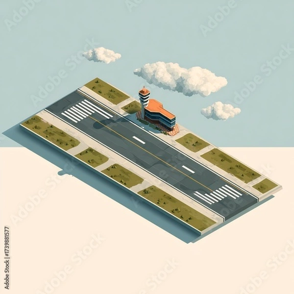 Obraz Isometric airport with runway, air traffic control tower, and terminal building