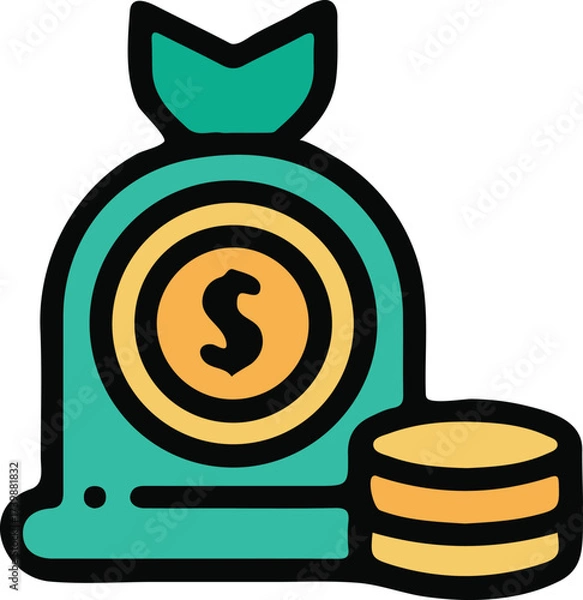 Fototapeta A Bag of Money and a Stack of Coins Representing Wealth and Financial Success in a Flat Vector Design