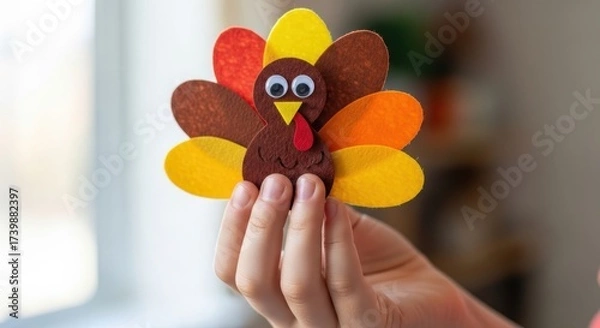 Fototapeta Close up paper, felt craft Turkey handmade for Thanksgiving. The child plays with a toy.
