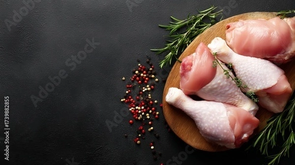 Fototapeta Fresh chicken drumsticks sit on a wooden board. Surrounding them are colorful peppercorns and sprigs of rosemary. Perfect for cooking enthusiasts and food lovers. AI