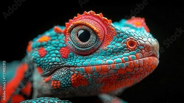 Fototapeta Colorful close-up of a vibrant green and blue lizard with red accents, showcasing intricate textures, ideal for nature-themed content.