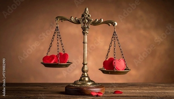 Fototapeta Two vintage brass scales hold delicate heart-shaped objects, symbolizing emotional equilibrium, love, and introspection. A poetic blend of romance and timeless craftsmanship.