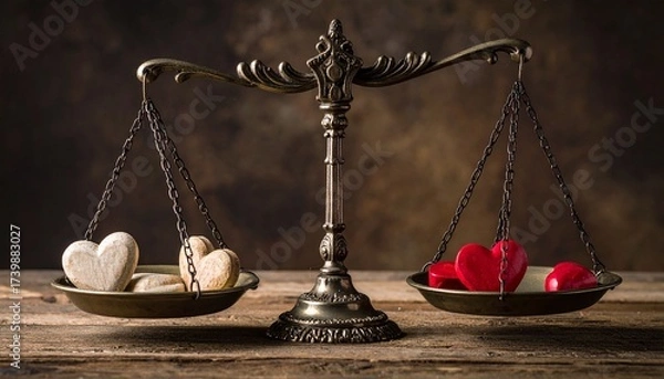 Fototapeta Two vintage brass scales hold delicate heart-shaped objects, symbolizing emotional equilibrium, love, and introspection. A poetic blend of romance and timeless craftsmanship.