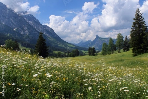 Obraz Panoramic mountain landscape with vibrant blooming wildflower meadow and majestic peaks under a blue sky