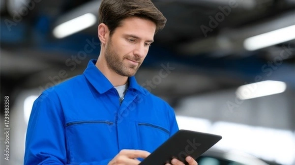 Fototapeta A professional mechanic in a blue uniform is using a tablet in a workshop. The image captures a focused moment in the auto industry. Perfect for automotive technology themes. AI