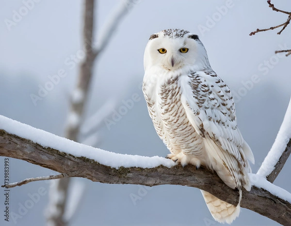 Fototapeta White winter owl perched on a tree branch in a winter snow landscape, beautiful wildlife winter wonderland with copy space snow bird, snowy owl on branch