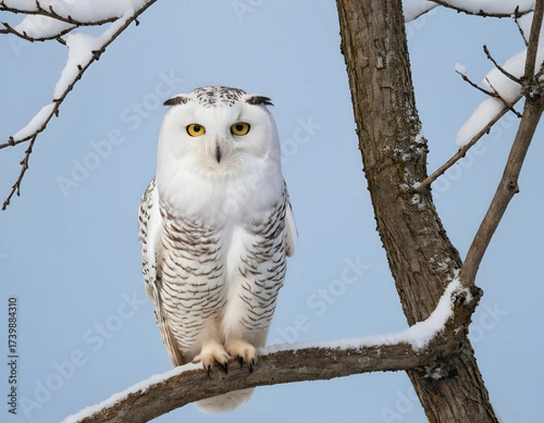 Fototapeta White winter owl perched on a tree branch in a winter snow landscape, beautiful wildlife winter wonderland with copy space snow bird, snowy owl on branch