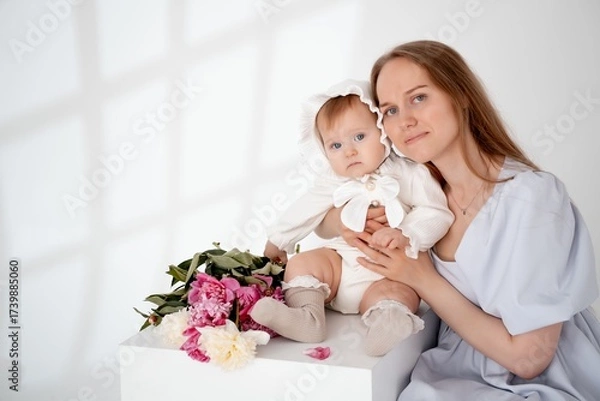 Obraz mom with a baby little daughter with peony flowers on a white isolated background, space and room for text