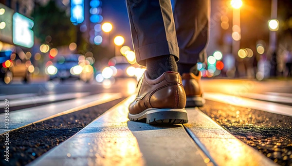Fototapeta City Stroll at Dusk: A close-up shot of a person's feet confidently striding across a zebra crossing at dusk, the city lights blurring in the background, capturing the energy of urban life.