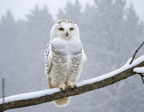 Fototapeta White winter owl perched on a tree branch in a winter snow landscape, beautiful wildlife winter wonderland with copy space snow bird, snowy owl on branch
