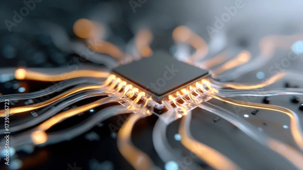 Fototapeta Microchip with glowing orange circuit lines radiating outward dark electronic board, symbolizing advanced technology