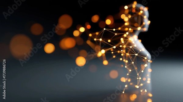 Fototapeta Conceptual futuristic silhouette of person surrounded by glowing orange network nodes and lines on dark background
