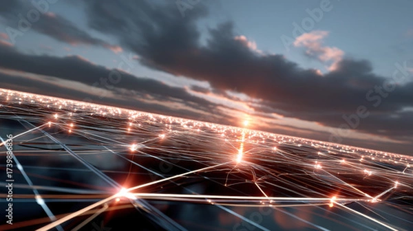 Fototapeta Conceptual solar panel projecting luminous network lines cloudy sky sunset with glowing connection points creating futuristic