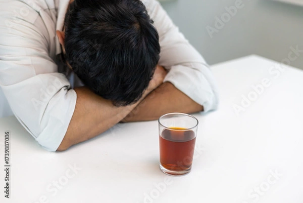 Fototapeta Depressed young Asian man addicted feeling bad drinking whiskey alone at home, stressed frustrated lonely drinking alcohol suffers from problematic liquor, alcoholism, life and family problems