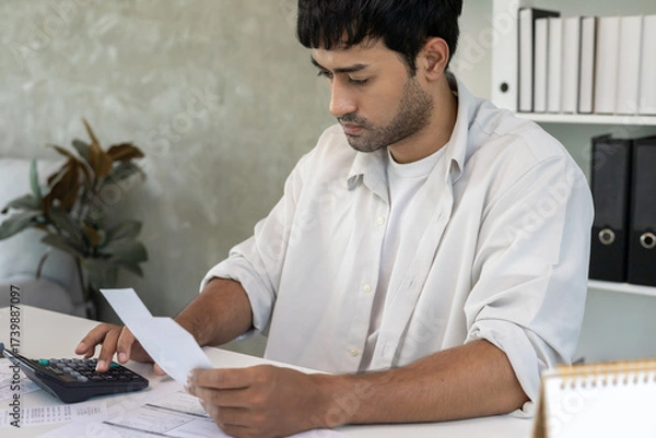 Fototapeta Stressed and headache asian man with large bills or invoices no money to pay to expenses and credit card debt. shortage, Financial problems, mortgage, loan, bankruptcy, bankrupt, poor, empty wallet