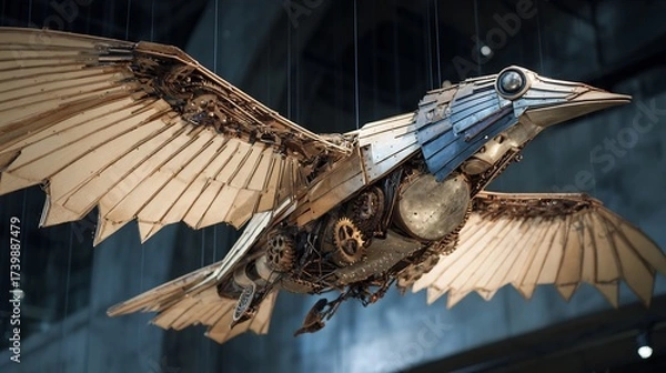 Obraz Mechanical Steampunk Bird Sculpture with Gears and Wooden Wings
