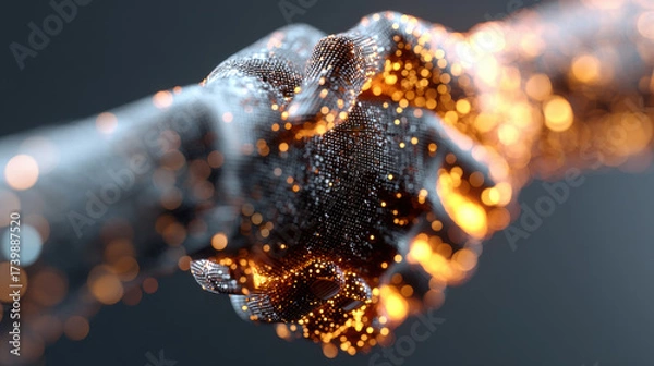 Fototapeta Digital handshake glowing with abstract connections, symbolizing futuristic technology and network collaboration vibrant