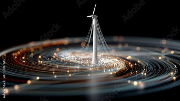 Fototapeta Wind turbine surrounded by glowing data connections in futuristic digital energy concept with dynamic light trails