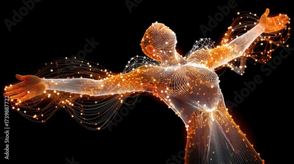 Fototapeta Ultra detailed abstract human figure made of glowing connected lines and dots, expressing freedom and energy