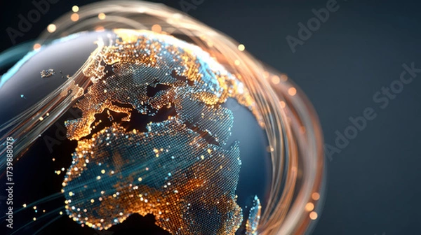 Fototapeta Ultra realistic glowing earth globe made of network lines with bright digital lights and data flow in dark background