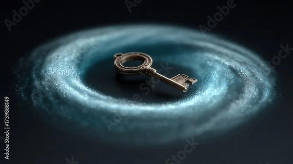 Obraz Ornate Golden Antique Key on Dark Background with Swirling Blue Shimmering Dust