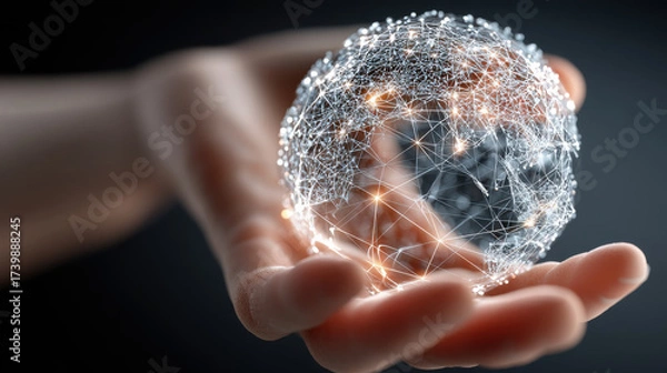 Fototapeta Ultra realistic human hand holding glowing holographic network sphere with interconnected points and lines, symbolizing