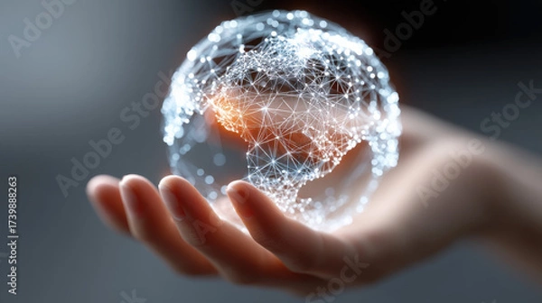 Fototapeta Digital network globe held in hand with glowing connection points and lines representing global communication