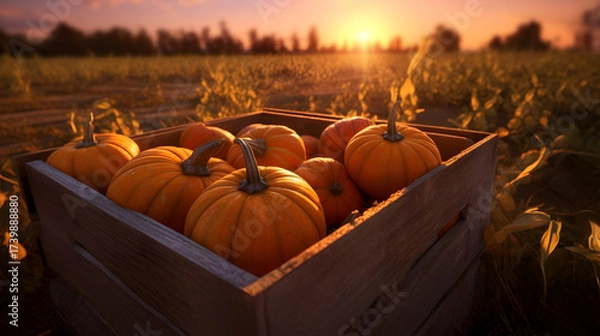 Fototapeta Orange pumpkins harvested in a wooden box with field and sunset in the background. Natural organic fruit abundance. Agriculture, healthy and natural food concept. Horizontal composition.