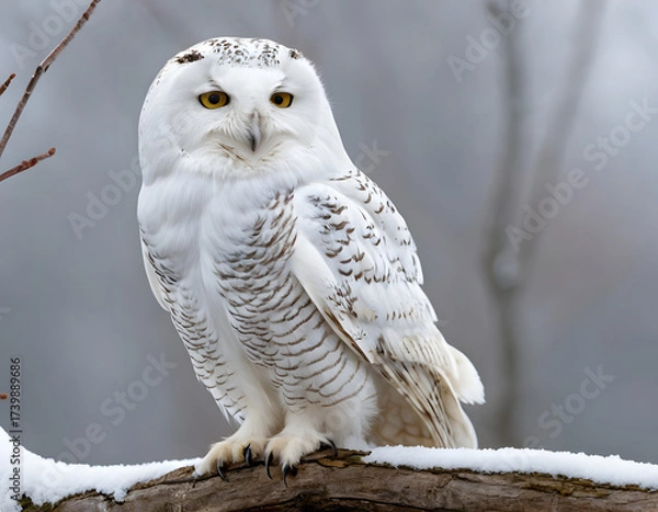 Fototapeta White winter owl perched on a tree branch in a winter snow landscape, beautiful wildlife winter wonderland with copy space snow bird, snowy owl on branch