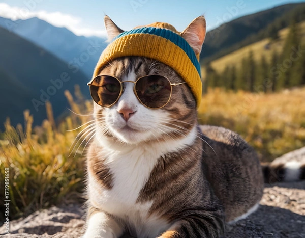 Fototapeta Cat wearing a beanie and sunglasses in the mountains. cat in snow