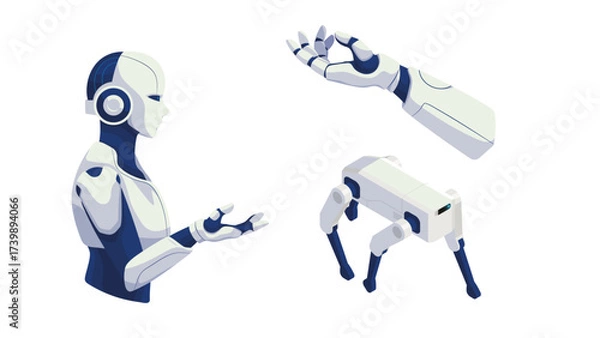 Obraz Robot humanoid arm and quadruped dog robot illustration for AI and technology concepts