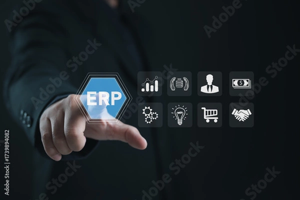 Fototapeta Executive touching digital ERP system interface with icons for analytics, finance, human resources, supply chain, and business process integration, representing corporate management technology.