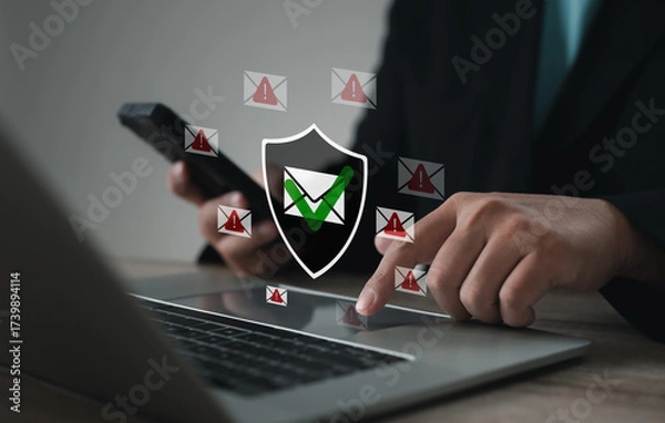 Fototapeta Professional using laptop and smartphone with digital shield icon, email check mark and warning alerts, representing cybersecurity, data protection, phishing prevention, and secure communication.