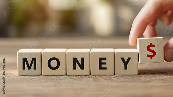 Obraz Wooden blocks spelling the word "MONEY" with a hand placing the last block featuring a red dollar sign, finance and business concept.