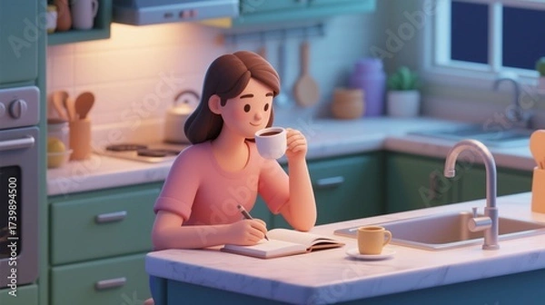 Fototapeta 3D cartoon character illustration of a woman enjoying a mindful morning routine, writing in a journal with coffee in a warm kitchen. Concept of self-care, creativity, and focused work from home.