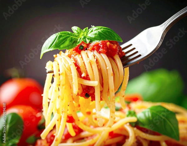 Fototapeta Fork twirling spaghetti with tomato sauce and basil. AI