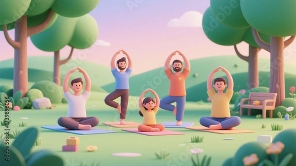 Fototapeta Soft 3D claymation style illustration of a community group with family and children practicing yoga in a park. Concept of wellness, mindfulness, and mental health.