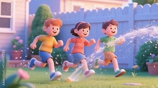 Fototapeta Soft 3D claymation illustration of joyful kids running through water splashes in a backyard at sunset. Concept of happy childhood, friendship, and summer fun.