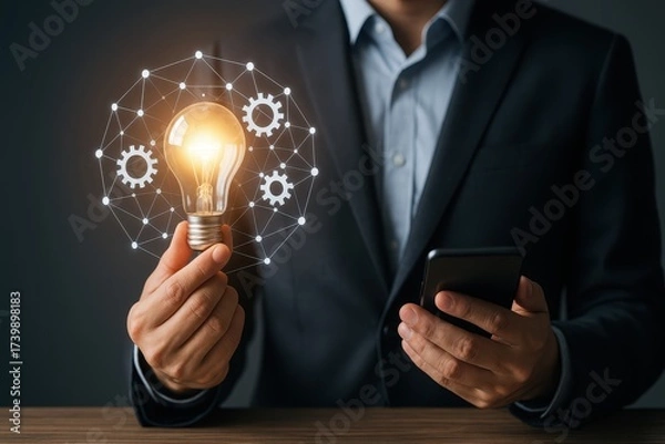 Fototapeta Innovative business strategies for growth office image of professional holding light bulb modern environment
