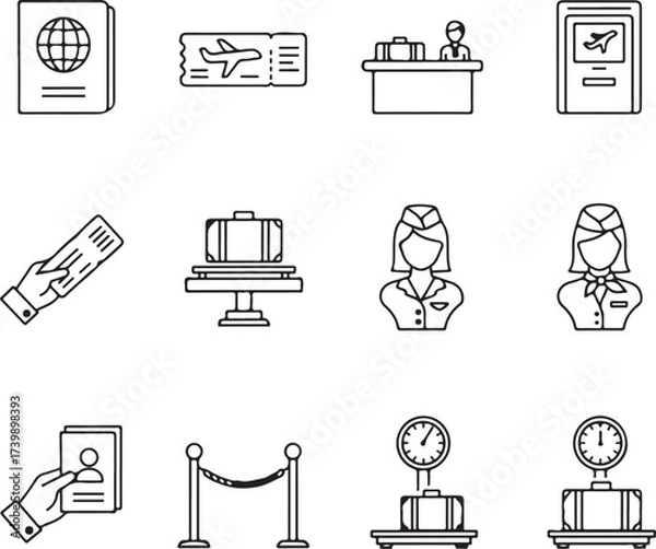 Obraz Airport elements isolated on white background in a line art style