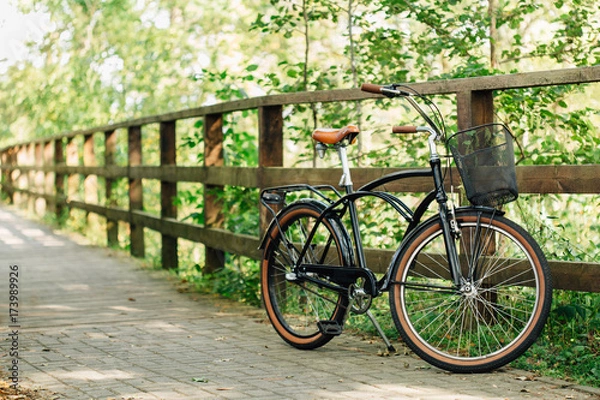 Fototapeta Pretty retro bicycle with busket in park.