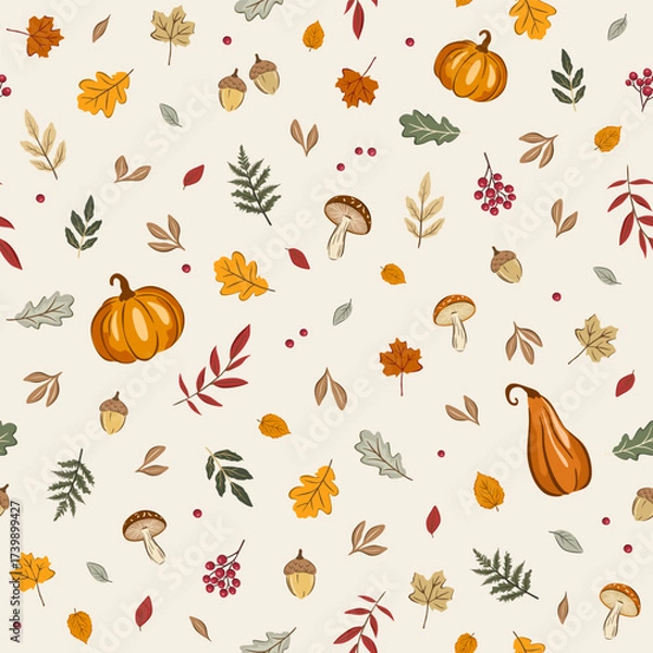Fototapeta Vector illustration. Autumn seamless pattern. Cozy fall season. Leaves, Pumpkins, Acorns, Mushrooms. Fabric design