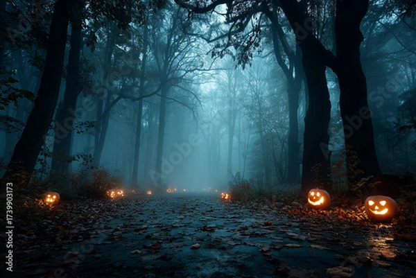 Obraz A road in the night fog. A creepy place. An abandoned mystical cemetery. Dim light, candles, moonlight