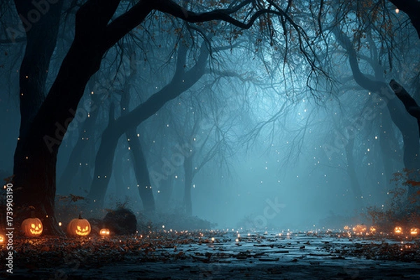 Obraz A road in the night fog. A creepy place. An abandoned mystical cemetery. Dim light, candles, moonlight