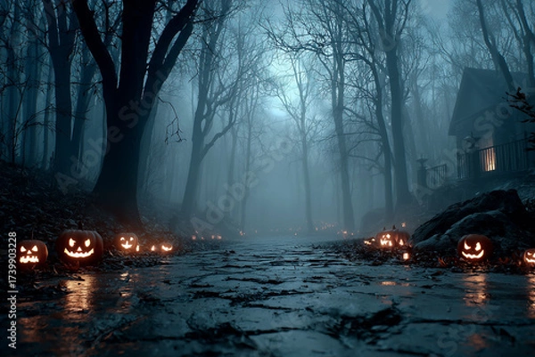 Obraz A road in the night fog. A creepy place. An abandoned mystical cemetery. Dim light, candles, moonlight