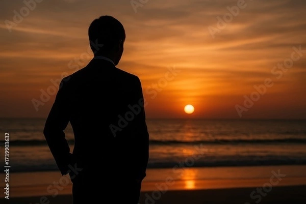 Fototapeta Businessman watching sunset at beach inspirational scene nature's beauty serene atmosphere