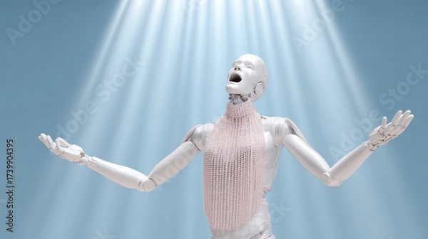 Fototapeta A humanoid robot with a pearl necklace is dramatically posed, arms raised towards a bright light, expressing an emotion akin to joy or triumph in a serene blue background