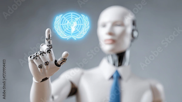 Fototapeta A futuristic humanoid robot in a suit interacts with a glowing hologram of the United Nations logo, symbolizing technology and global diplomacy