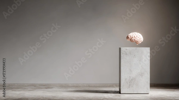 Fototapeta A human brain sculpture displayed on a concrete pedestal against a plain wall creating an artistic and minimalist look, symbolizing intelligence and creativity