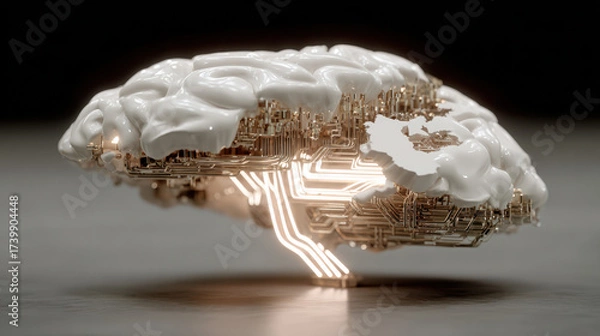 Fototapeta A futuristic brain sculpture composed of glossy white material and intricate circuit patterns glows with warm light, symbolizing technology and intelligence